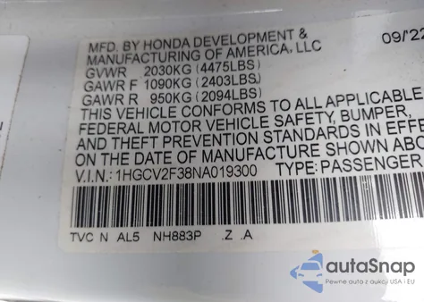 2022 Honda Accord Sport 2.0T z USA, uszkodzony, nr VIN 1HGCV2F38NA019300